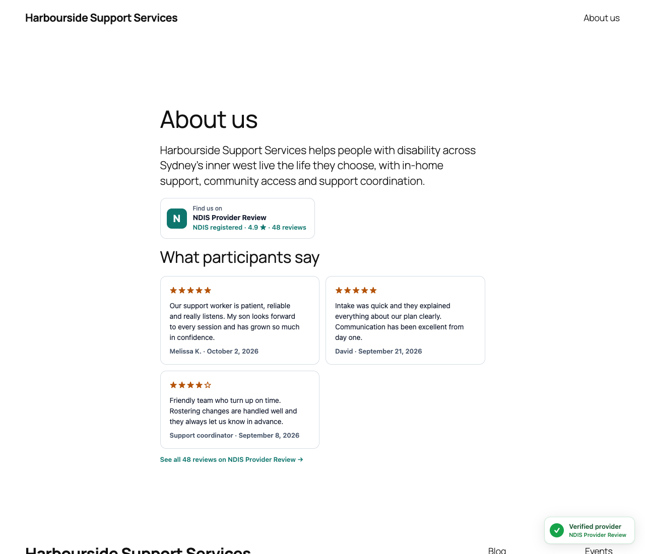 The TrustCard, reviews widget and floating Verified provider badge on a provider's About page