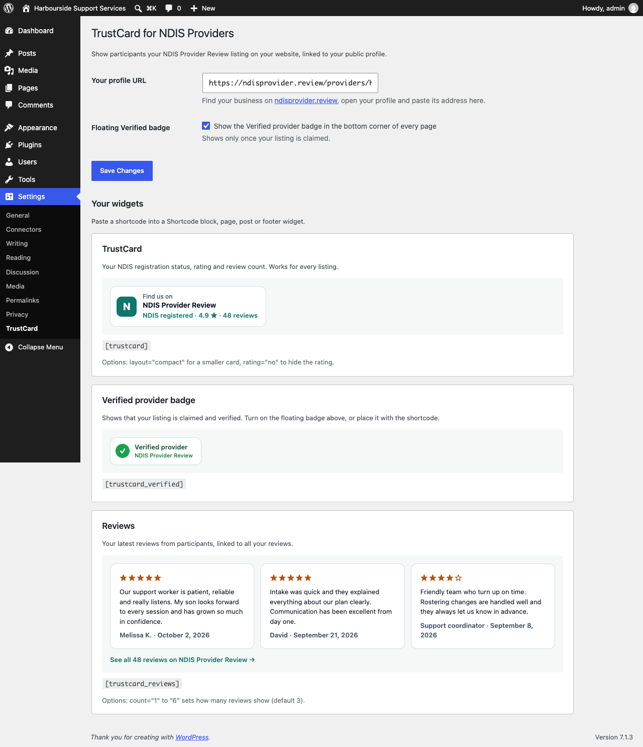 Settings → TrustCard, with a preview and shortcode for each widget