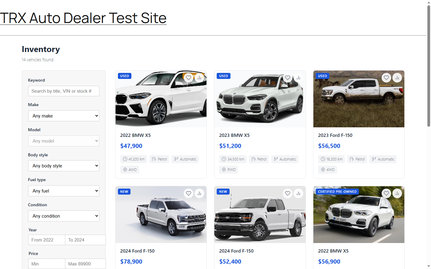 Vehicle archive with filter sidebar — cards, status badges, price reduced indicators, server-side filtering on all spec fields (free tier).