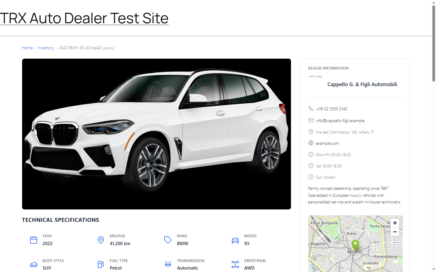 Single-vehicle page — hero image, full specs grid, dealer contact panel, inquiry form, location map.