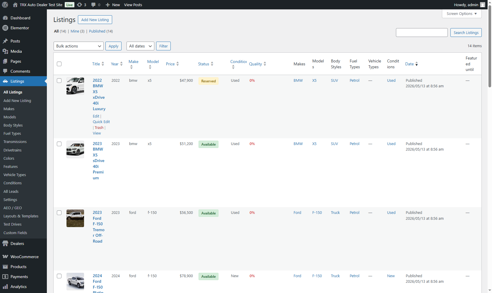 Admin: Vehicle list table with featured-image column, sortable status / price / quality, taxonomy filters, and bulk actions (mark sold / featured / etc.).