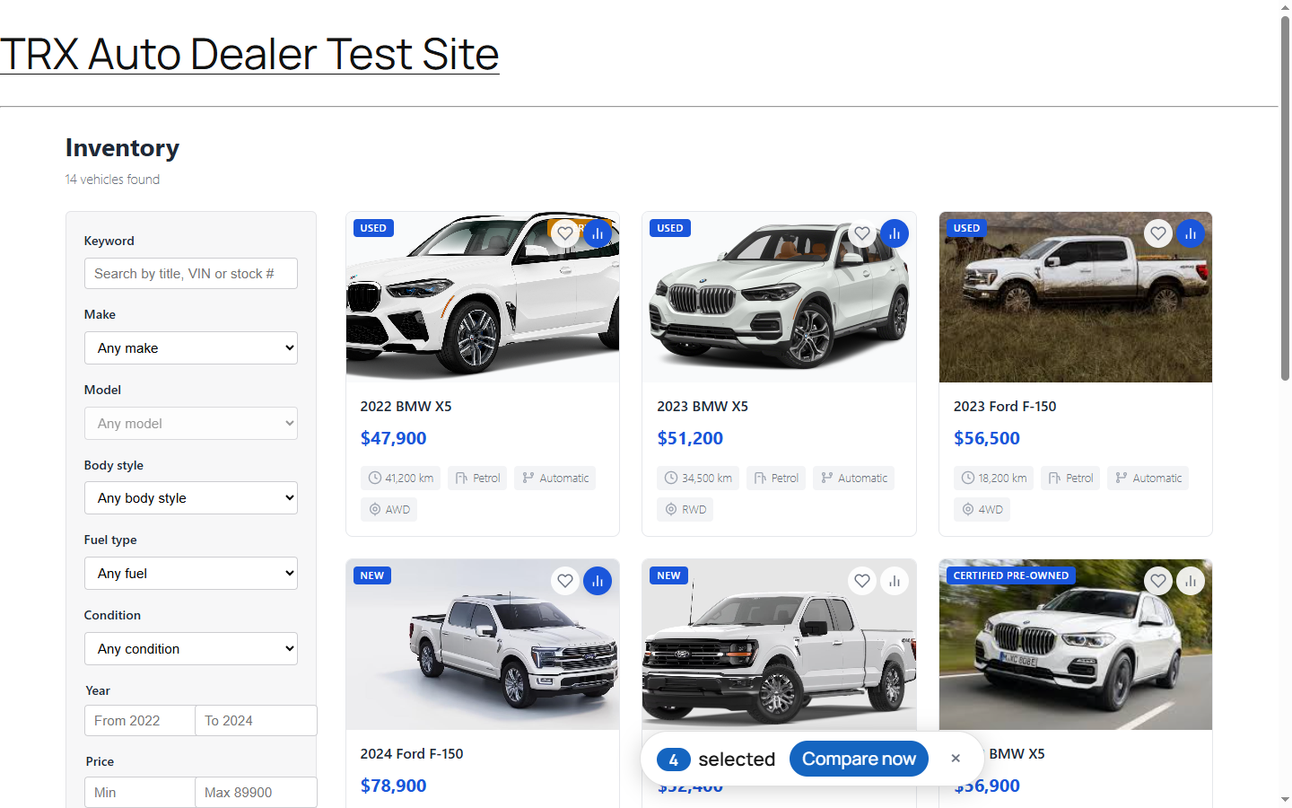 Compare bar — pin up to 4 vehicles side-by-side, persisted across page loads via localStorage.