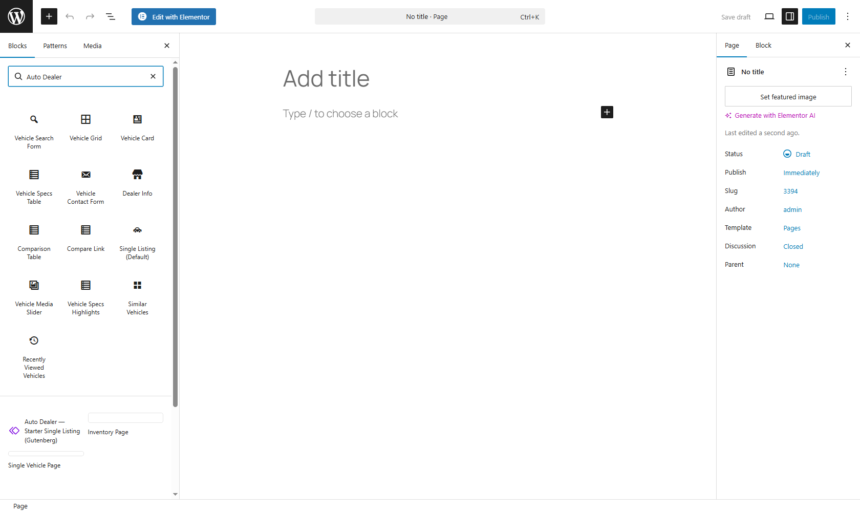 Gutenberg block inserter — "Auto Dealer" category exposes 13 SSR blocks plus 3 starter patterns.