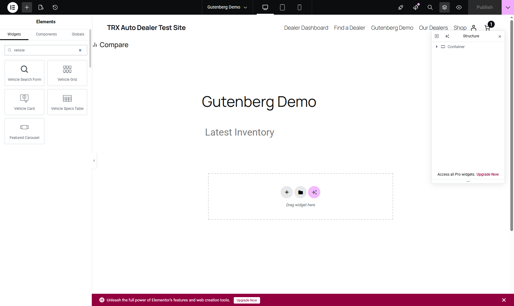 Elementor widget panel — Auto Dealer widgets (Vehicle Search Form, Vehicle Grid, Vehicle Card, Vehicle Specs Table, Featured Carousel, and more) wired to the same render path as the Gutenberg blocks.