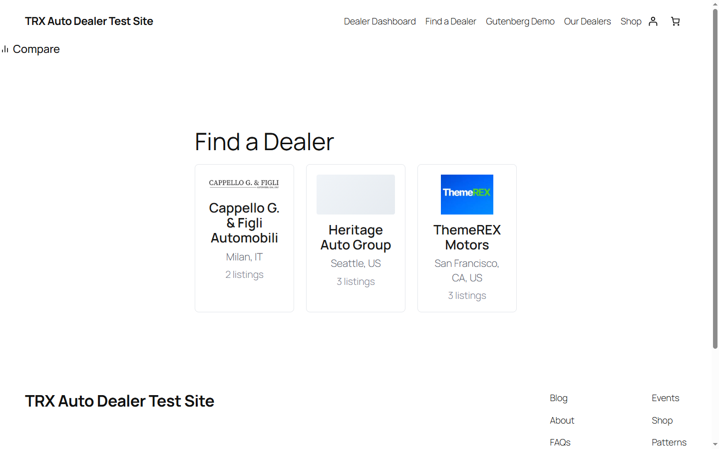 Frontend dealer directory grid — multi-dealer marketplace (Pro feature) with logo, location, and listing count per dealer.