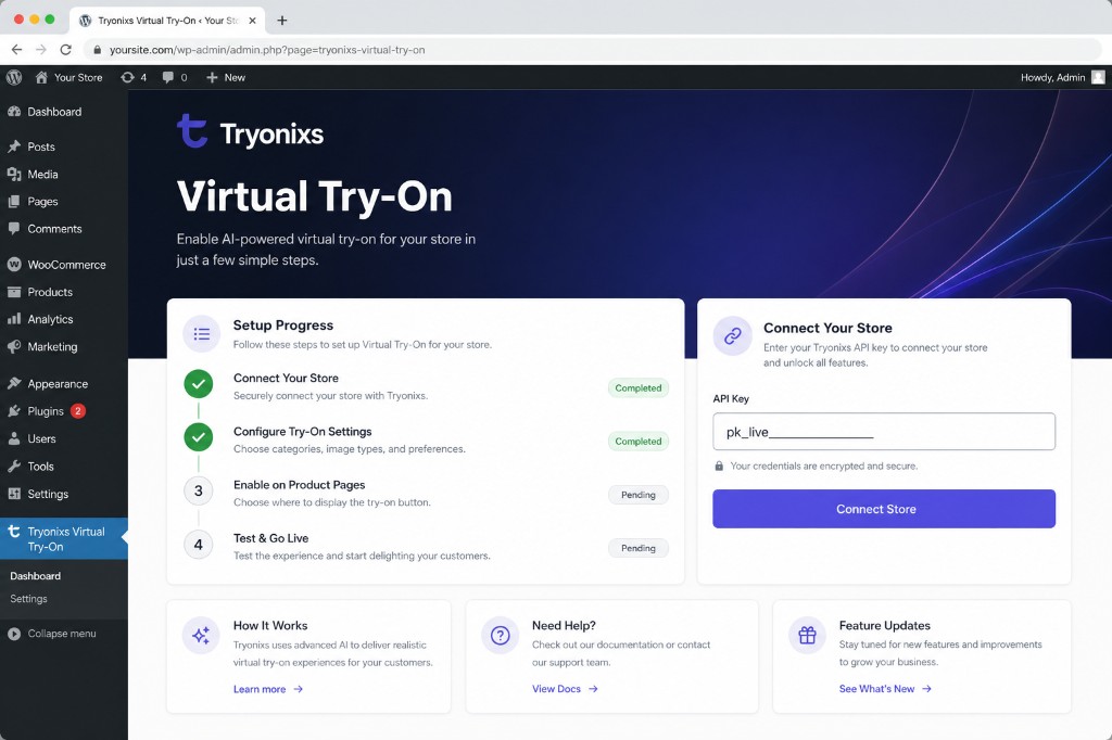 Tryonixs dashboard — connect your store and track setup progress