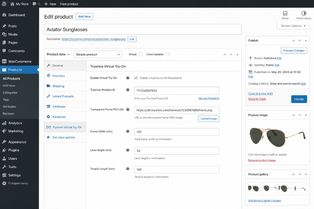 WooCommerce product settings for Virtual Try-On