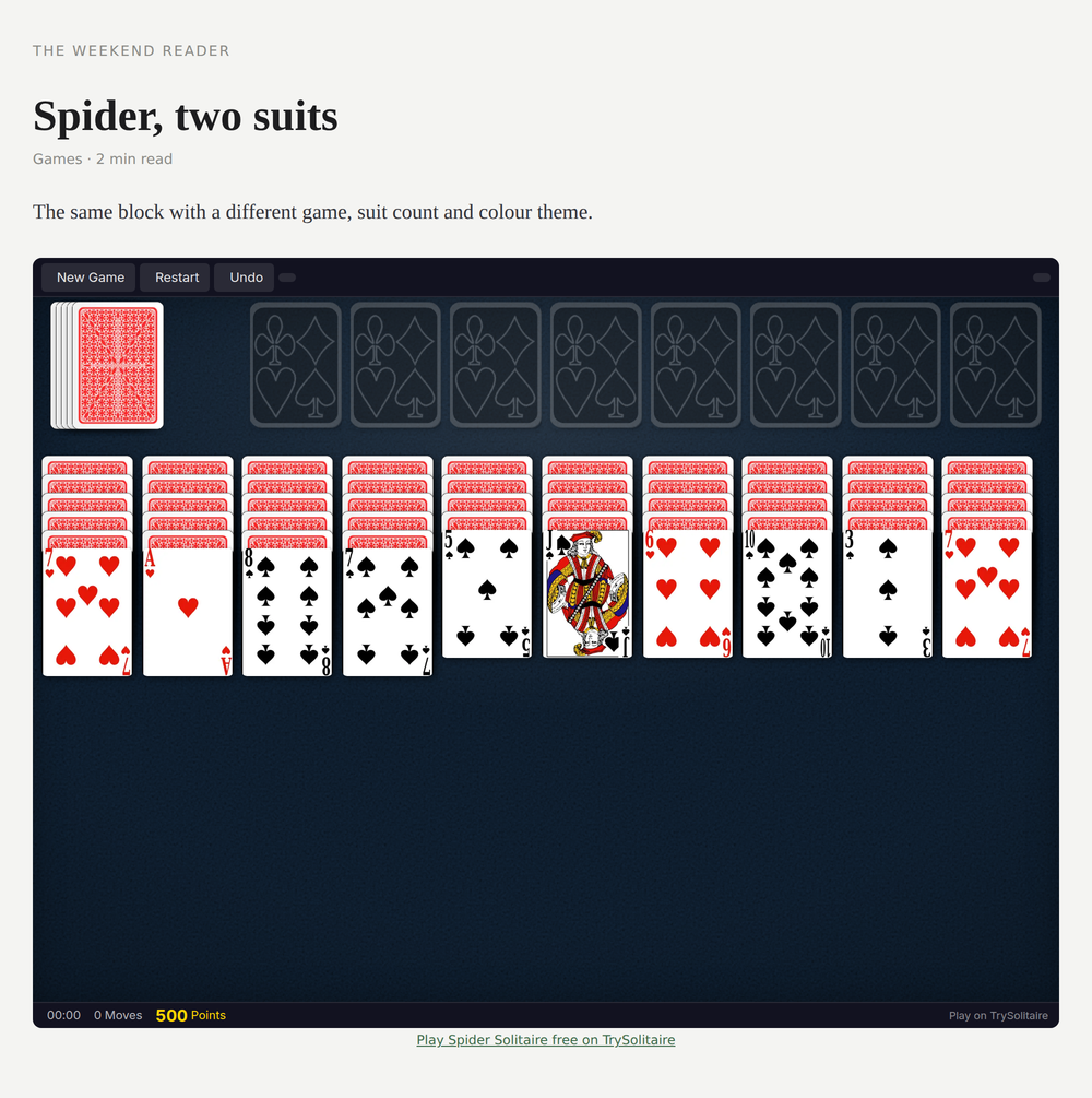 The same block set to Spider, two suits, navy theme.