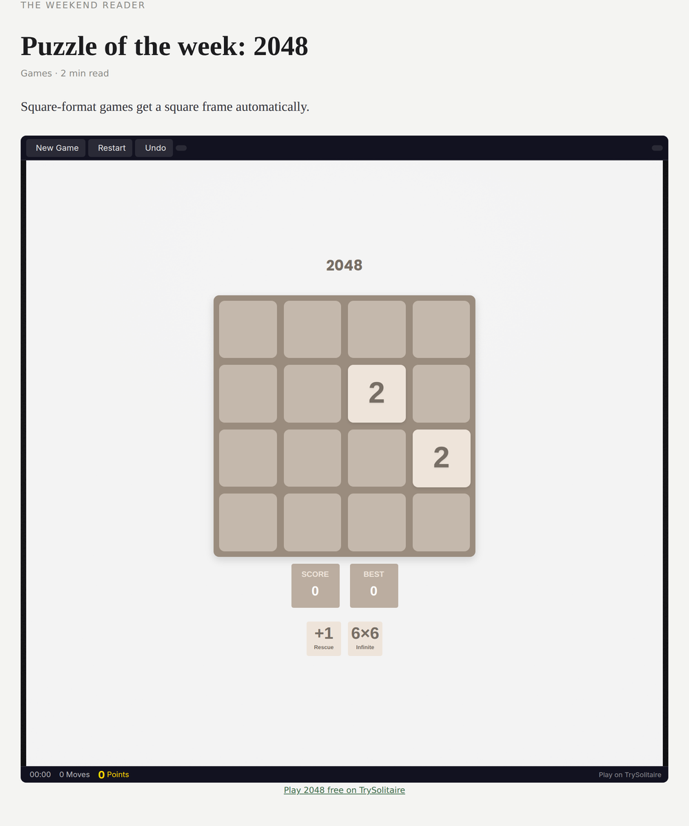 2048 in a post. Square games are framed square; the frame is responsive on phones and tablets.