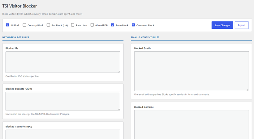Plugin header with feature toggles and export button.