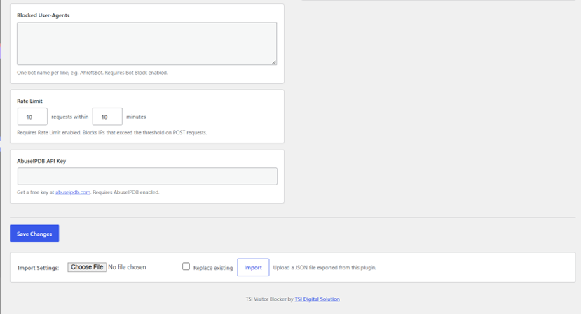IP, subnet, and country blocking settings.