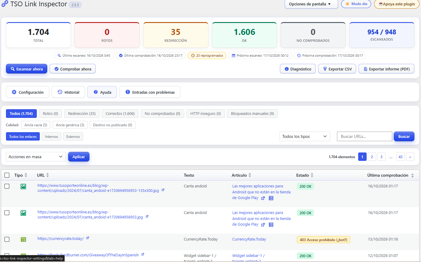 Main dashboard with statistics and link list.