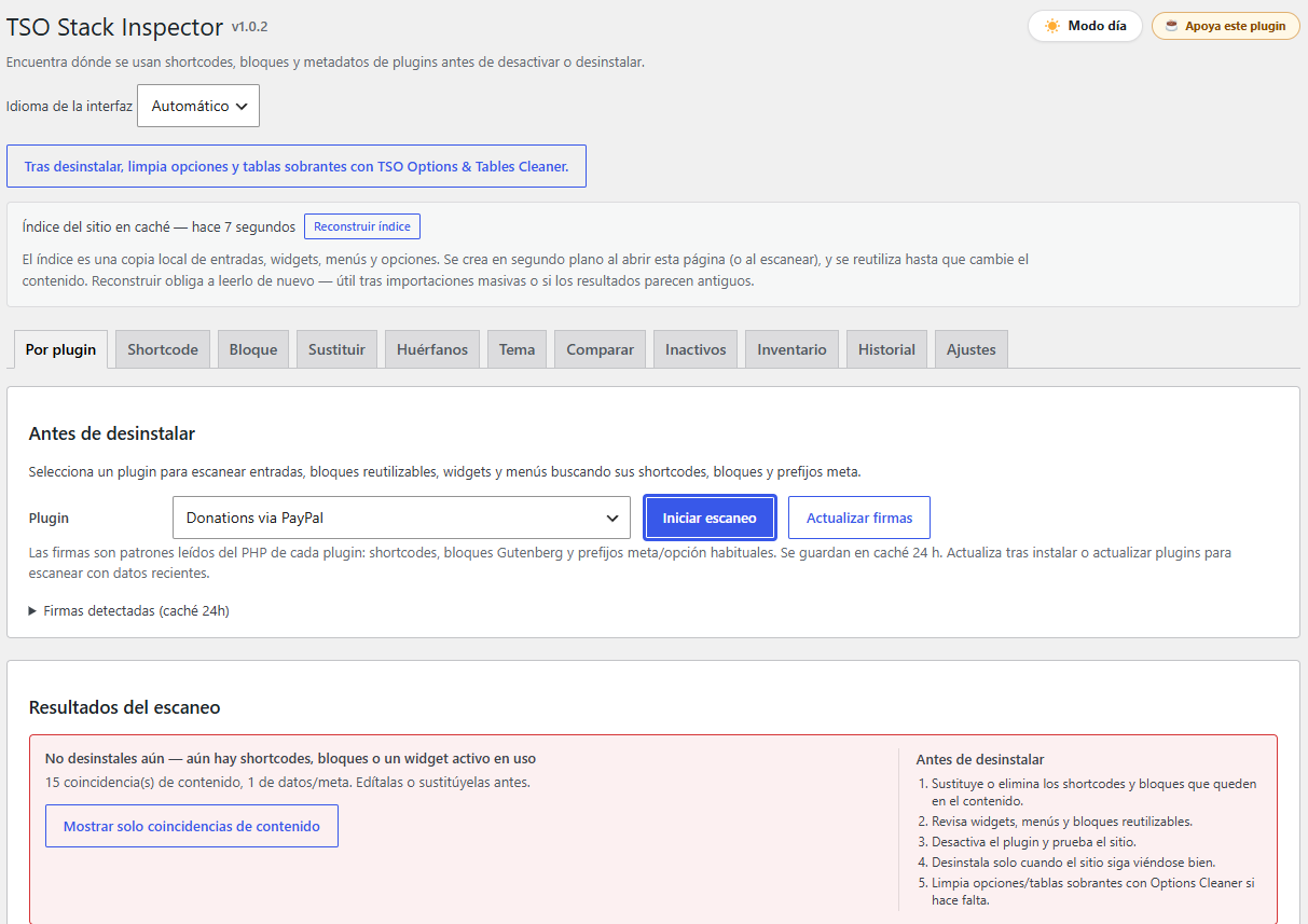 Shortcode scan results grouped by location, ready to review before uninstalling a plugin.