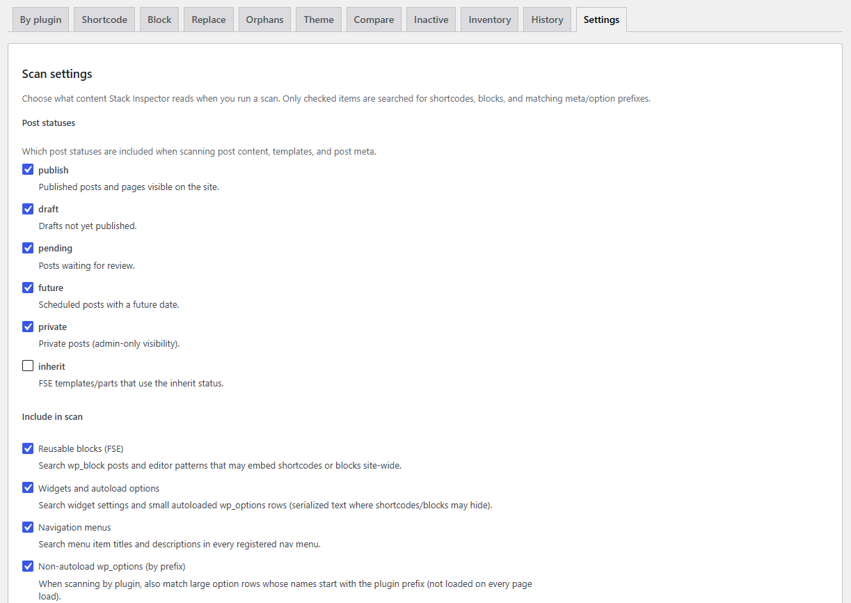 Inactive plugins audit — see at a glance which deactivated plugins still leave shortcodes, blocks, options, or meta behind.