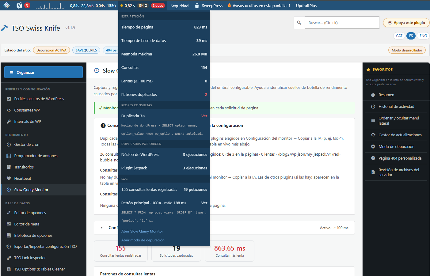 Slow Query Monitor — inspect slow and live database queries when SAVEQUERIES is enabled, export the log, and open a summary from the admin bar.