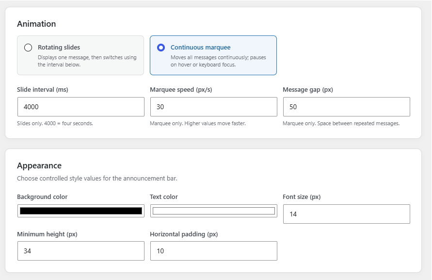 Choose rotating slides or a continuous marquee, configure timing, speed, and message spacing, then control the topbar colors, font size, minimum height, and horizontal padding.