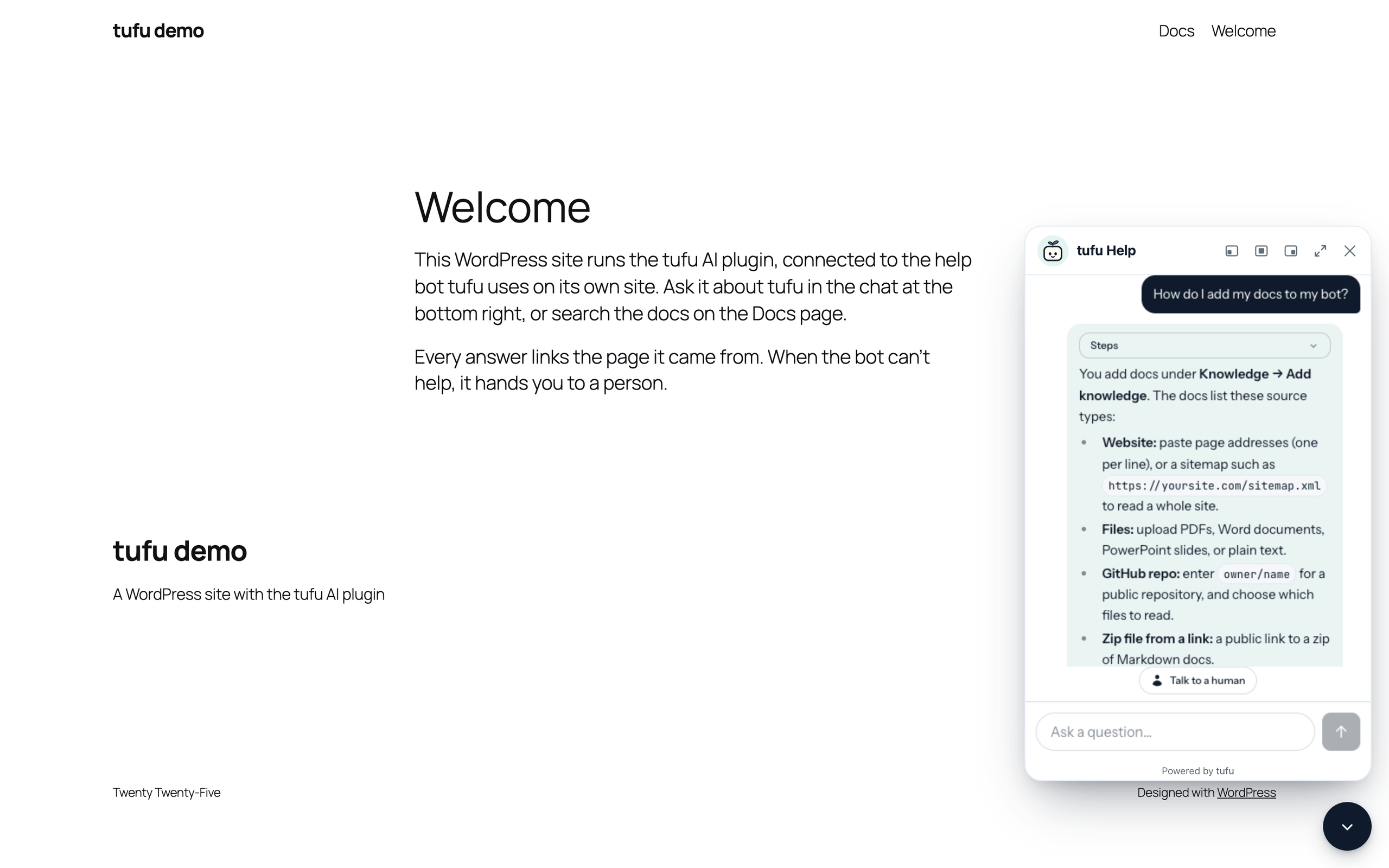 The chat bubble on a WordPress site, answering from the docs, with a Talk to a human button.