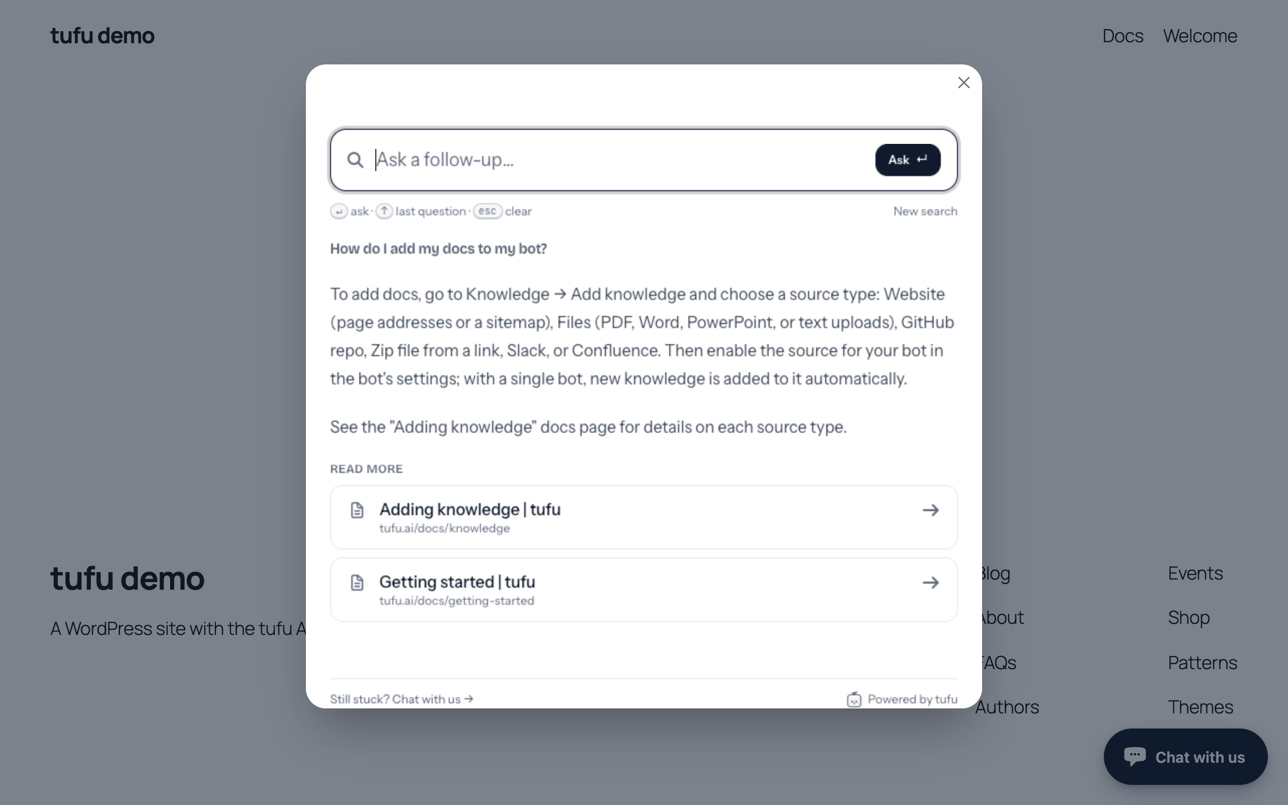 The tufu Ask block: a search box for your docs, with a short answer and the pages to read.