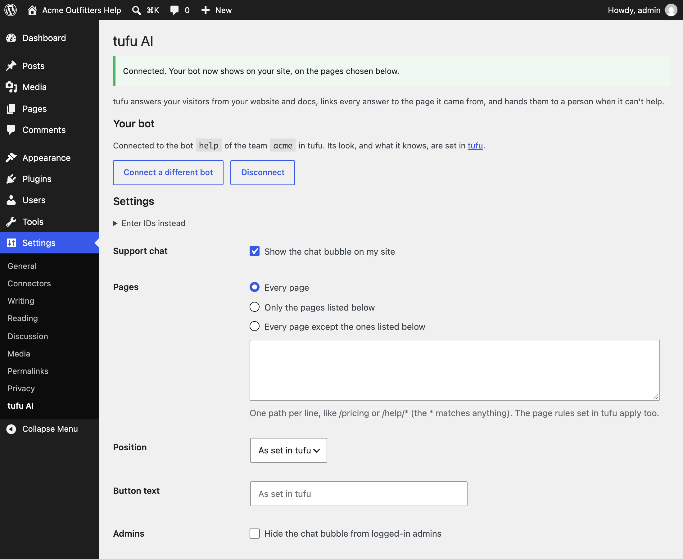 Settings > tufu AI after connecting: the connected bot, and where the chat bubble shows.