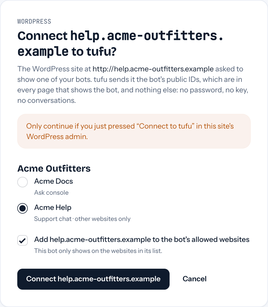 Connect to tufu: tufu names your site, you pick the bot, and you're back in WordPress.