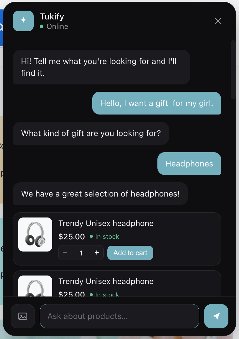 Chat assistant helping a shopper find a gift, with quantity control and add to cart.