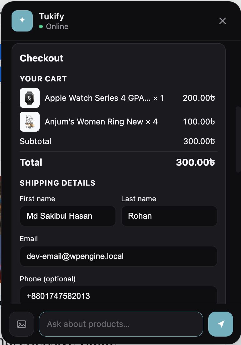 Complete checkout inside the chat — cart, totals, and shipping details.