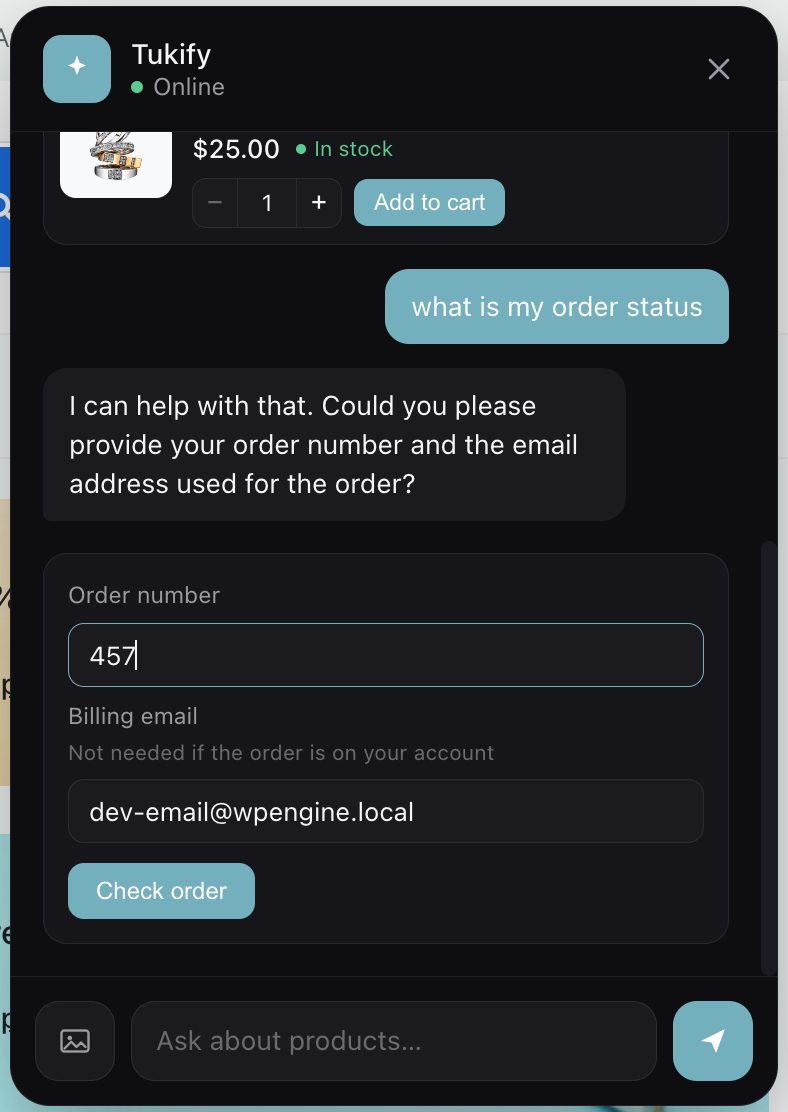 Order status lookup — verified with order number and billing email.