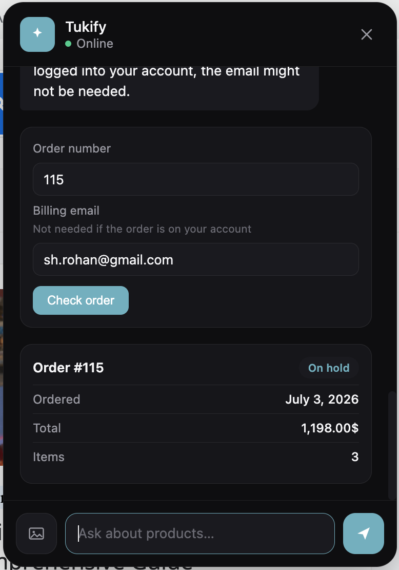 Order status result showing status, date, total, and item count.