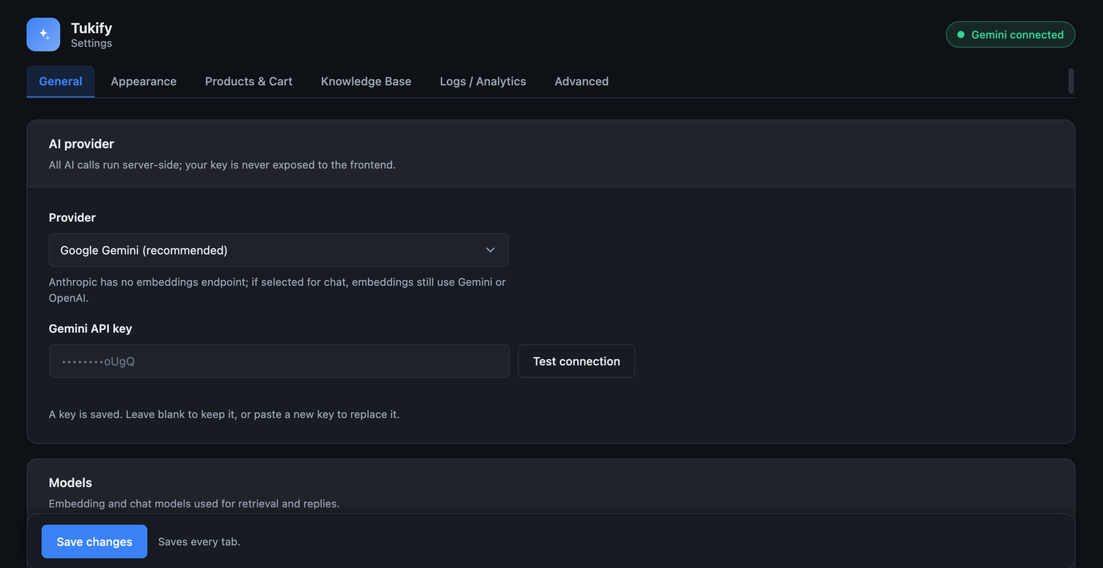 Admin dashboard — AI provider, models, and settings.