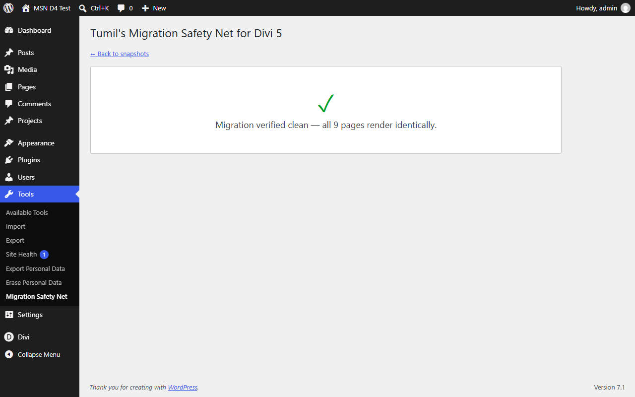 The clean bill of health — every page verified identical after migrating.