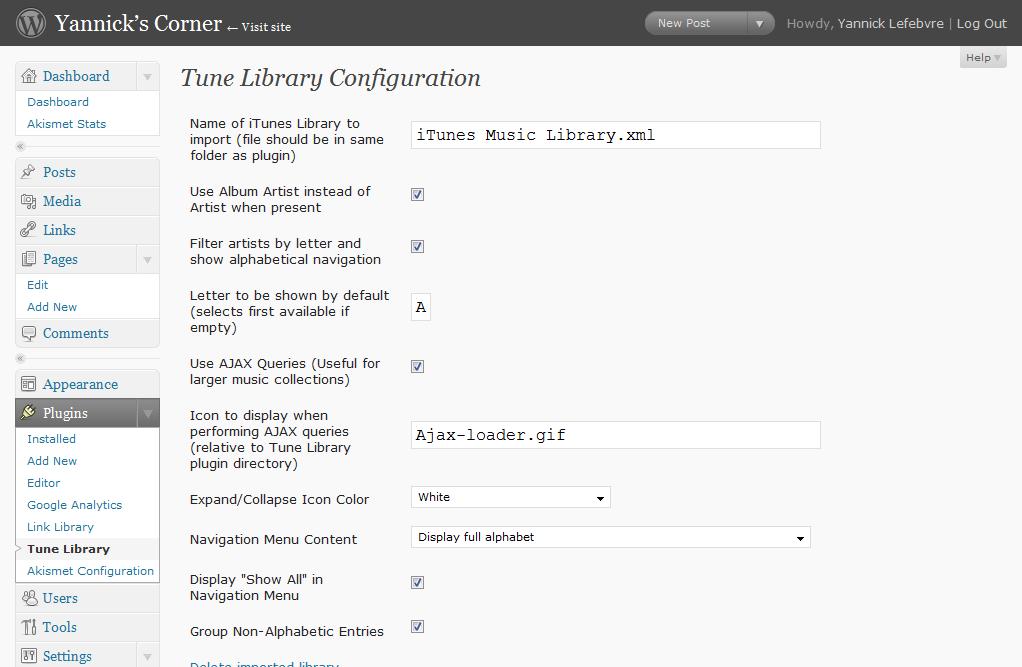 The Tune Library Configuration Screen