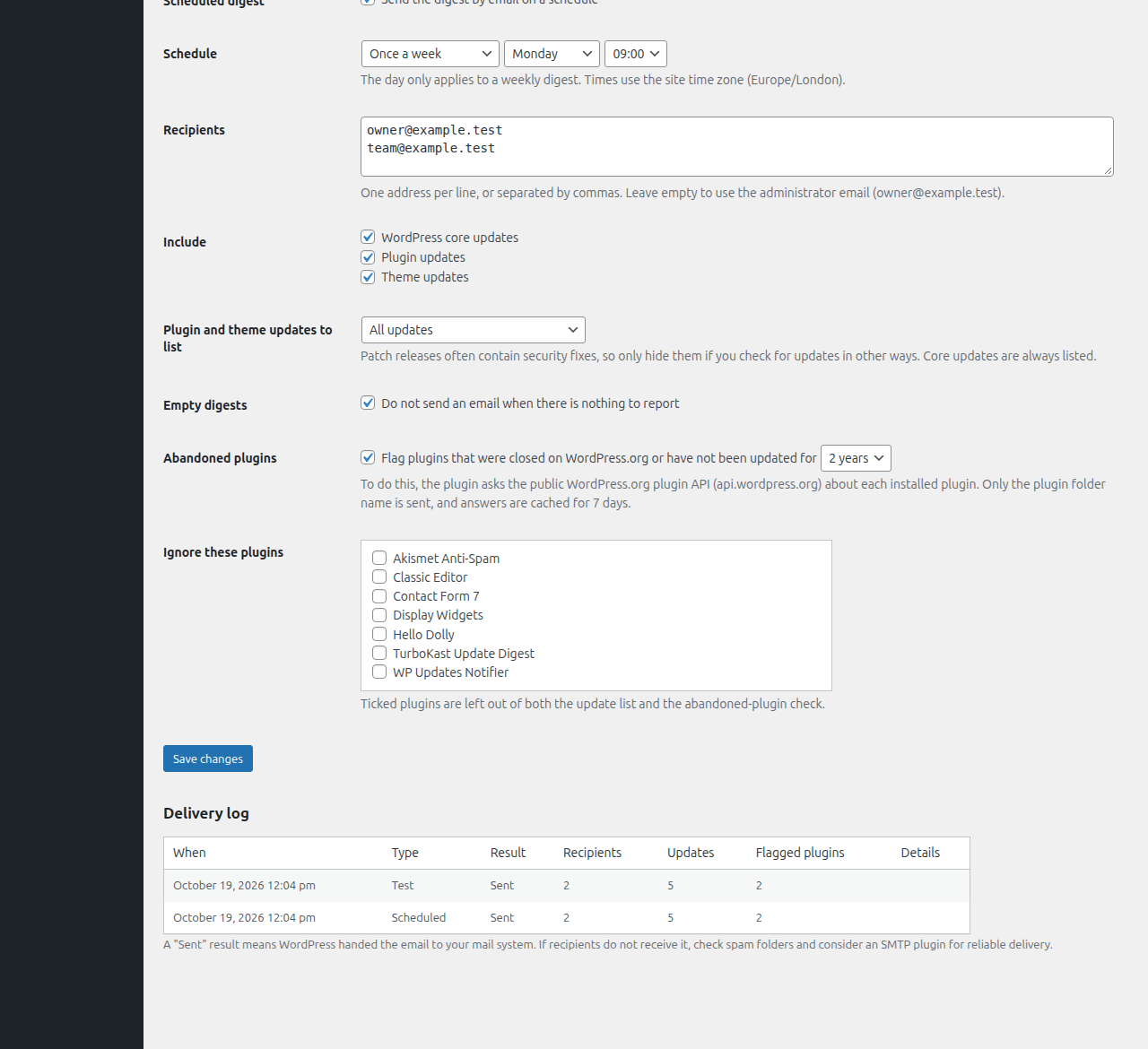 Schedule, recipients, filters, the ignore list and the delivery log.