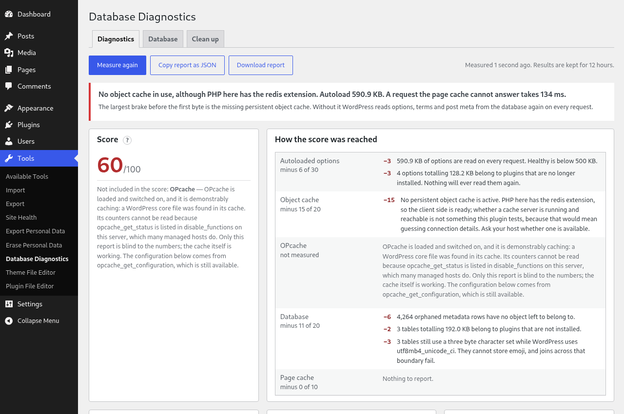 The diagnostics tab: the score, the plain sentences behind it, and every deduction listed with the finding that caused it.