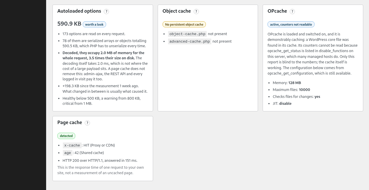 Autoload, object cache, OPcache and page cache side by side, each with the figures it was judged on.