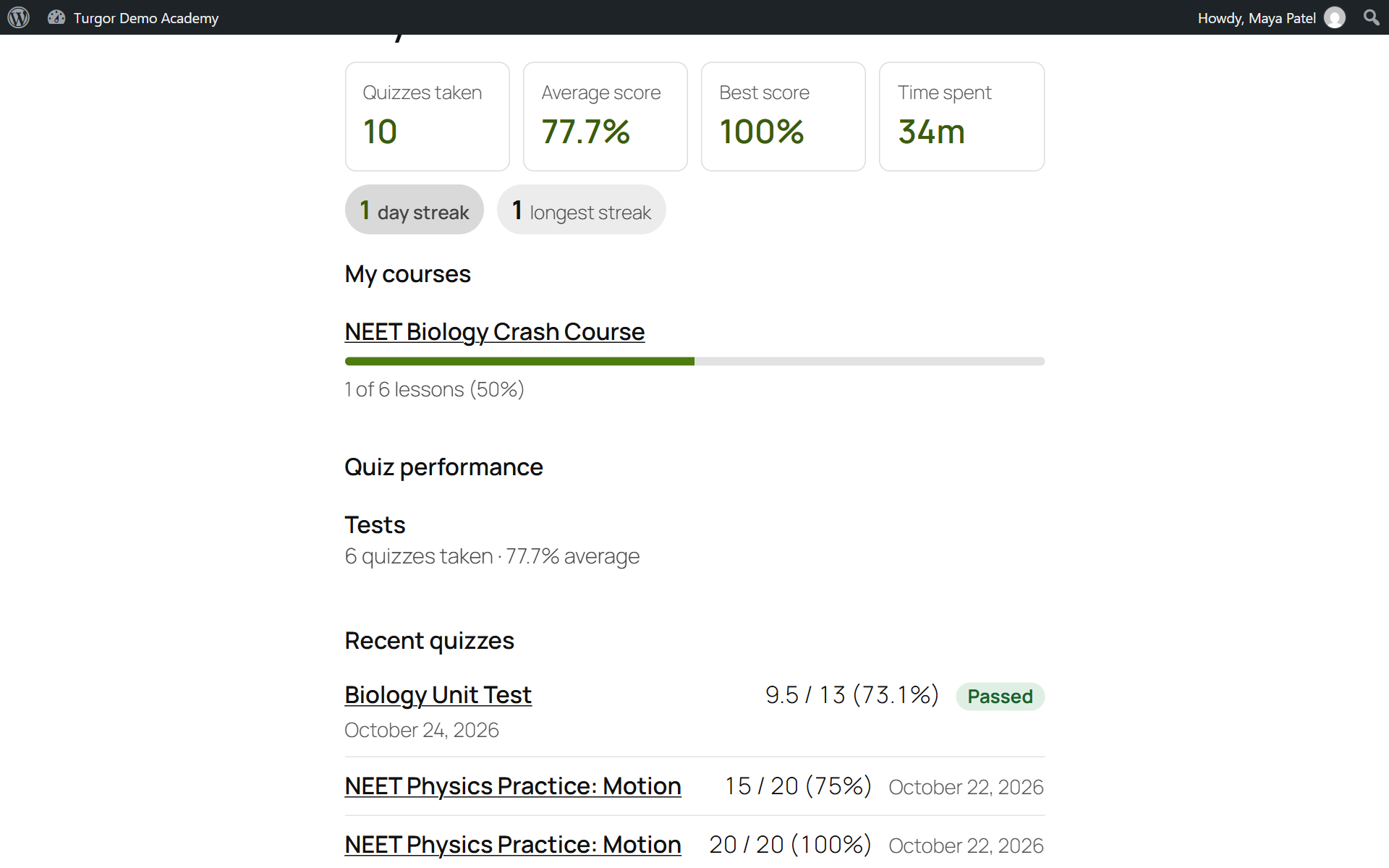 A student's profile: scores, recent quizzes and activity.