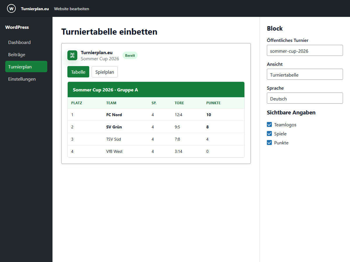 Configure and preview public tournament standings directly in the Gutenberg editor.
