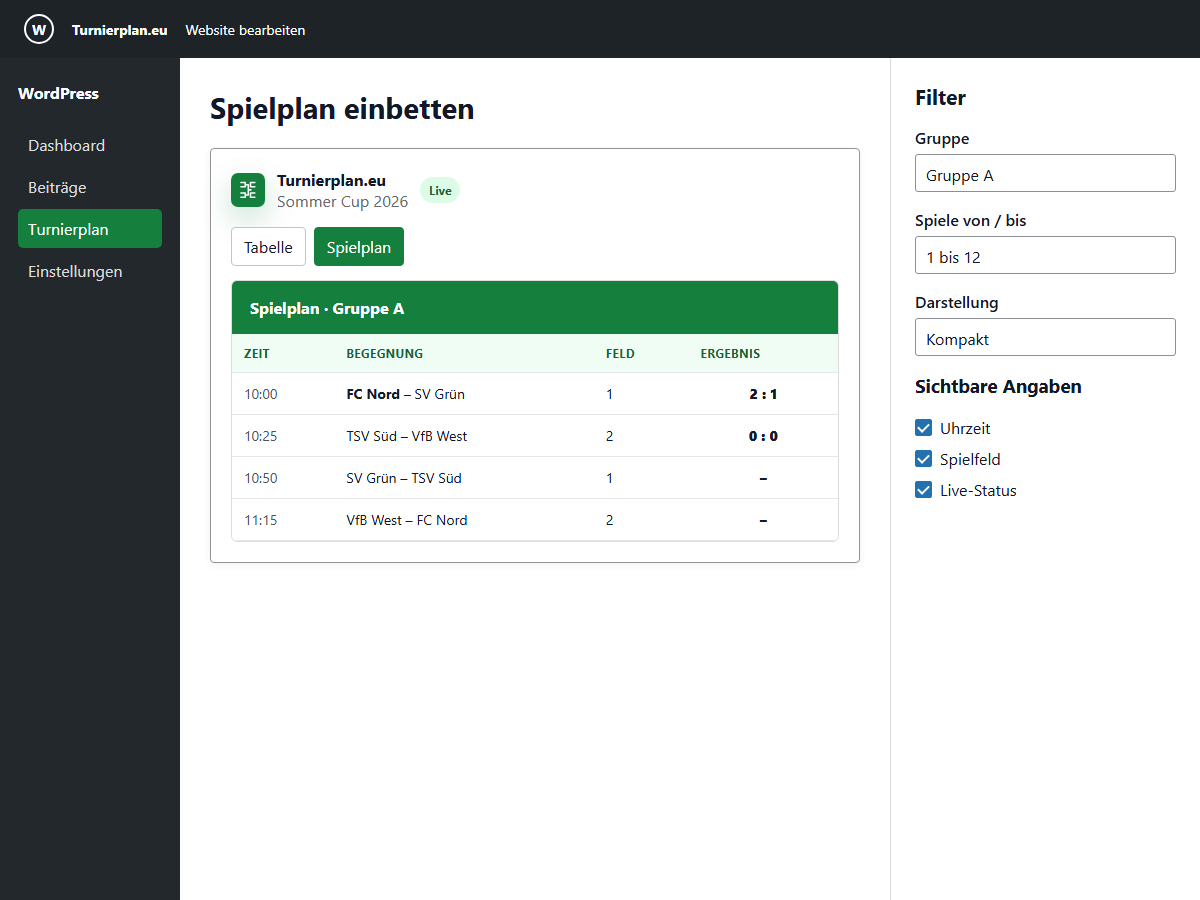 Display a responsive schedule and limit it with group, match, participant, or date filters.