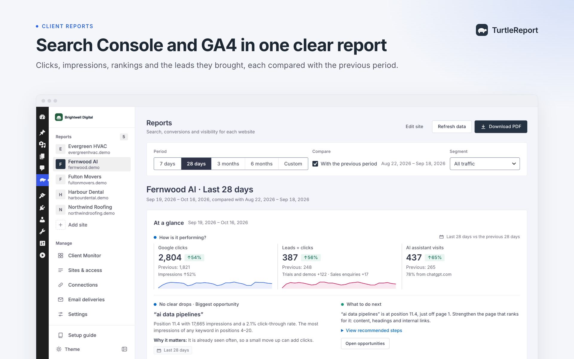 A client report with Search Console and GA4 headline numbers, trends and conversions.