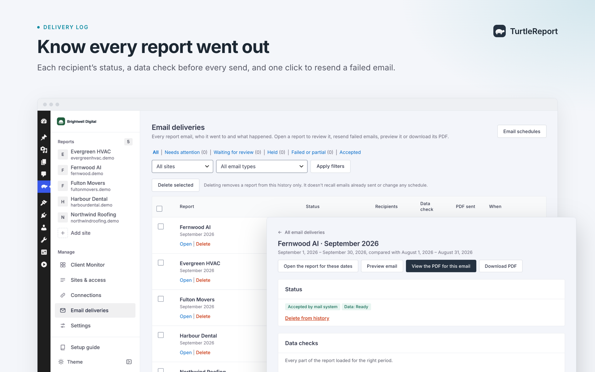 Email delivery history and recipient status.