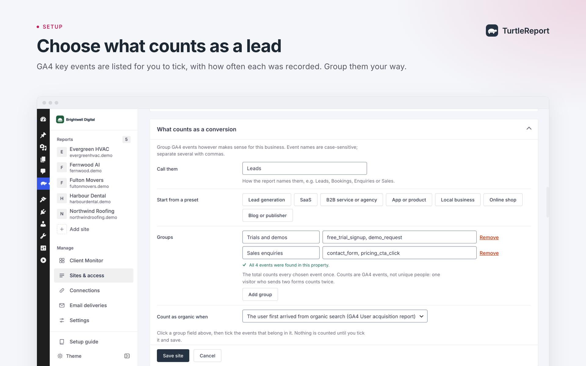 Choosing which GA4 events count as leads.
