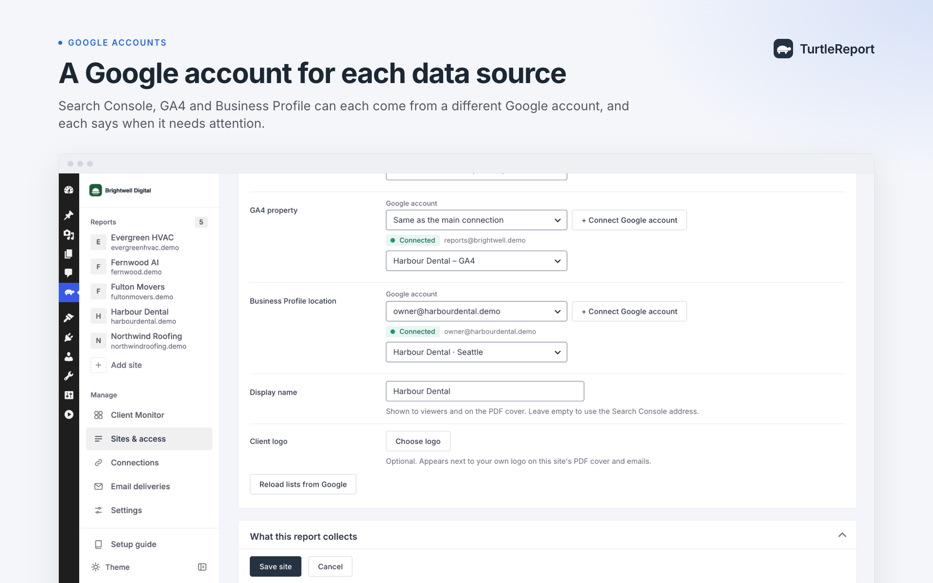 A separate Google account for each data source.