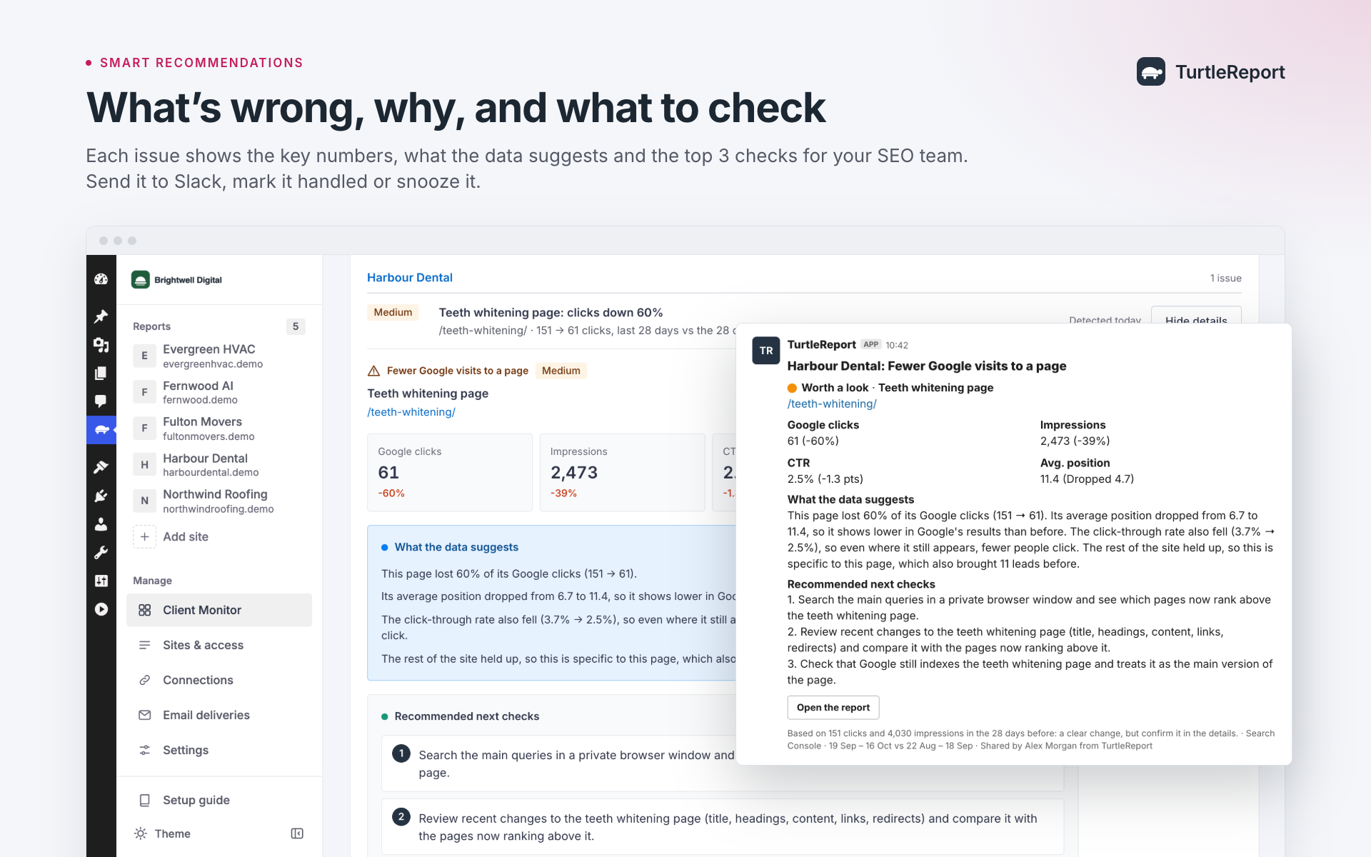 An open issue: what changed, what the data suggests, the recommended checks and the Slack message.