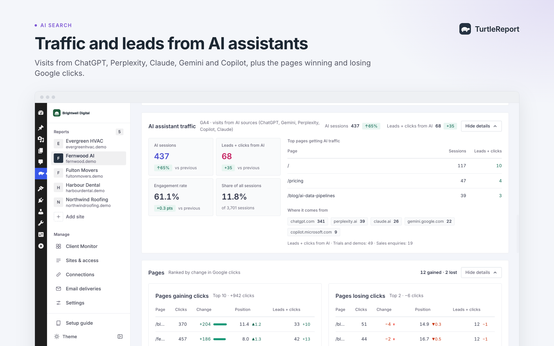 AI assistant traffic, with pages gaining and losing clicks.
