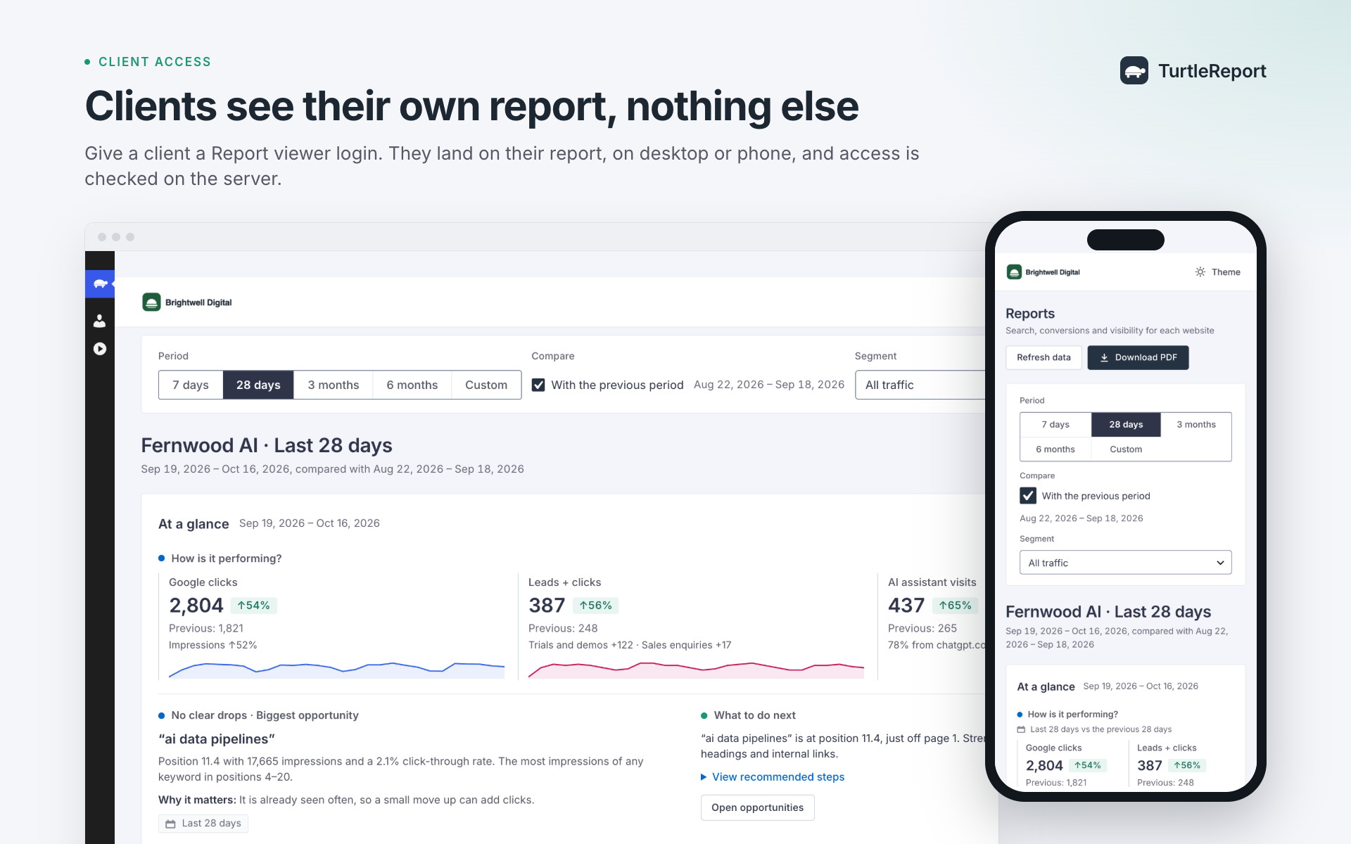 A client's report access on desktop and phone.