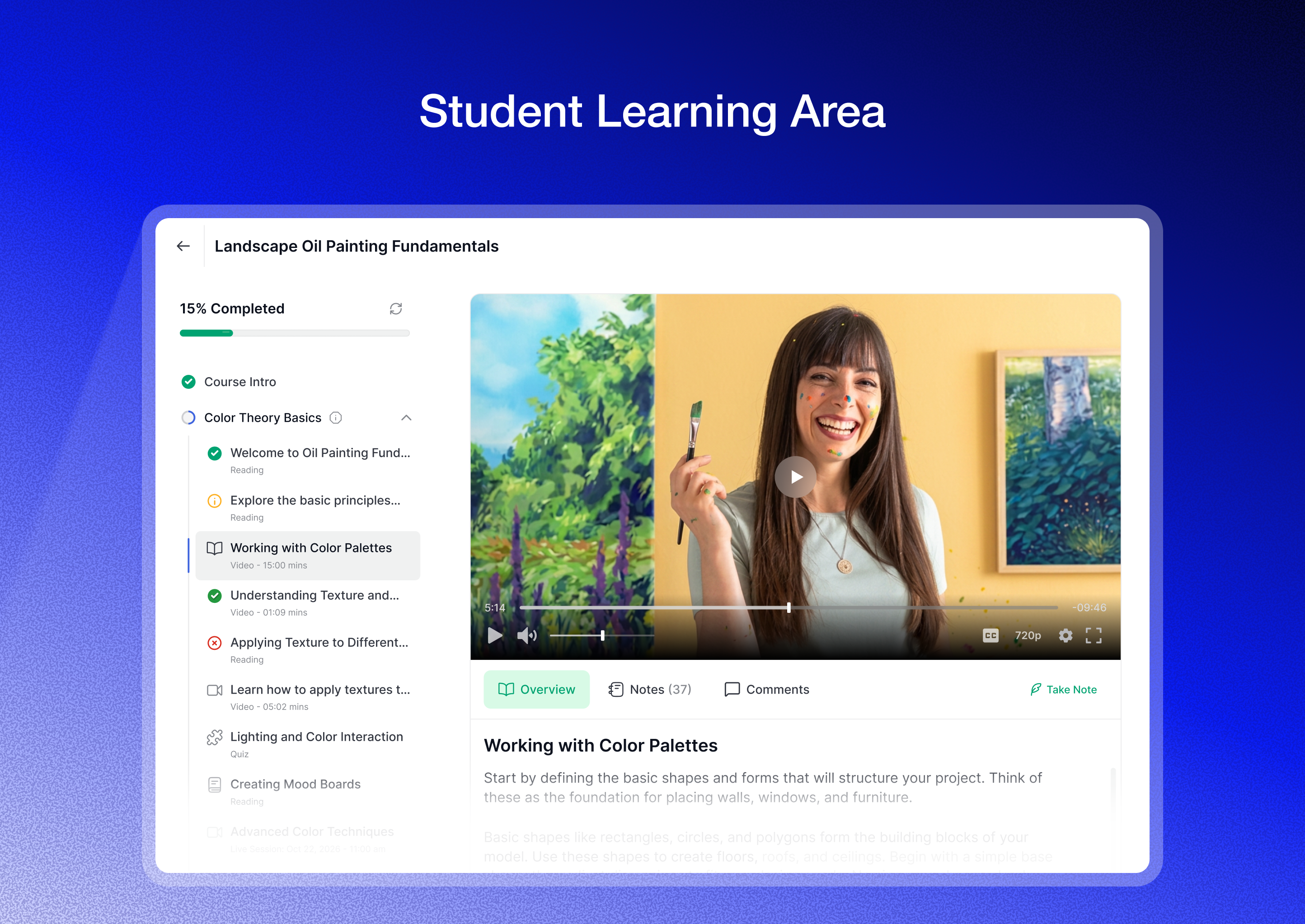 Student Learning Area: Centralized learning experience with progress tracking and smooth navigation.