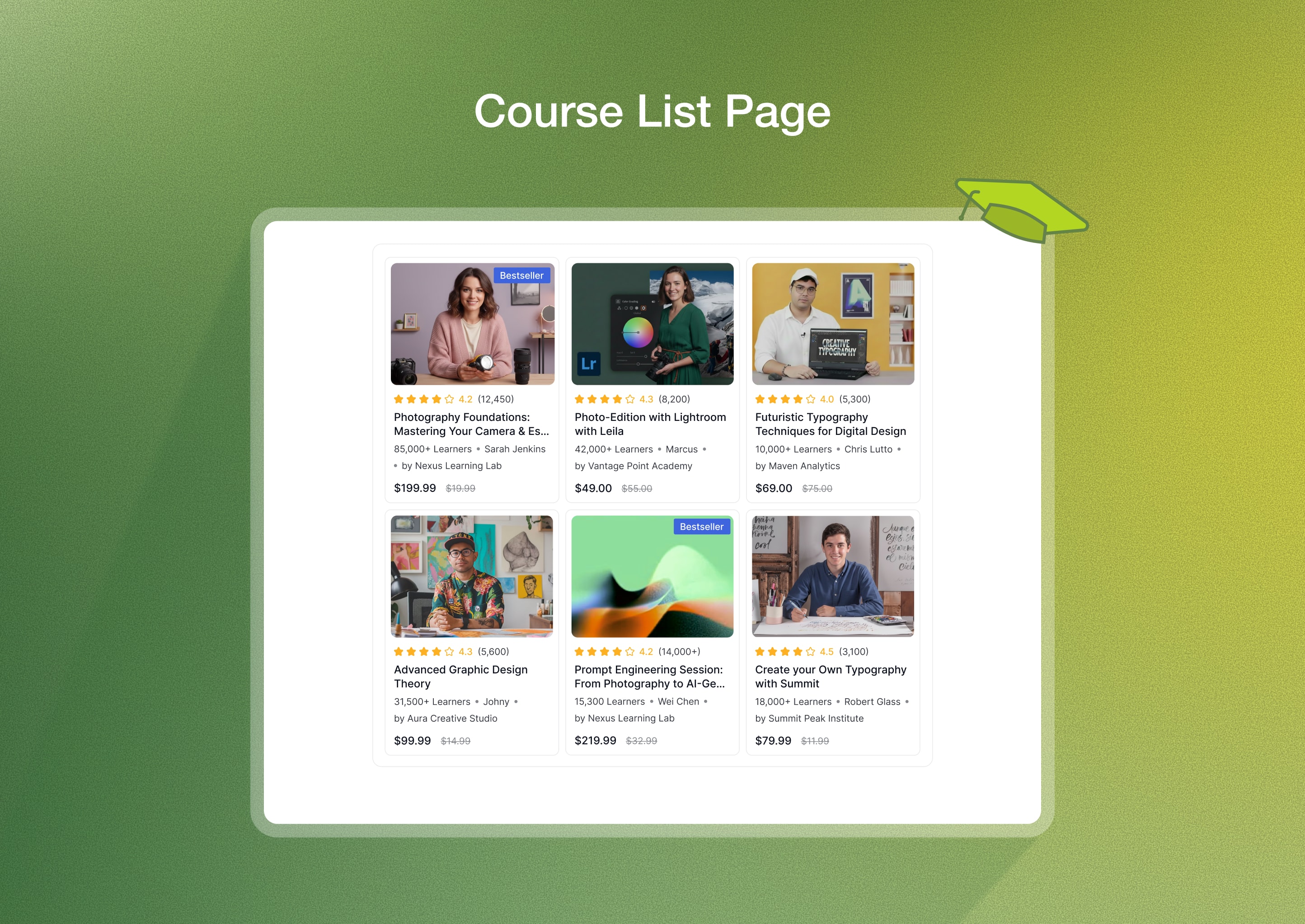 Course List Page: Browse, filter, and discover courses through an improved catalog layout.