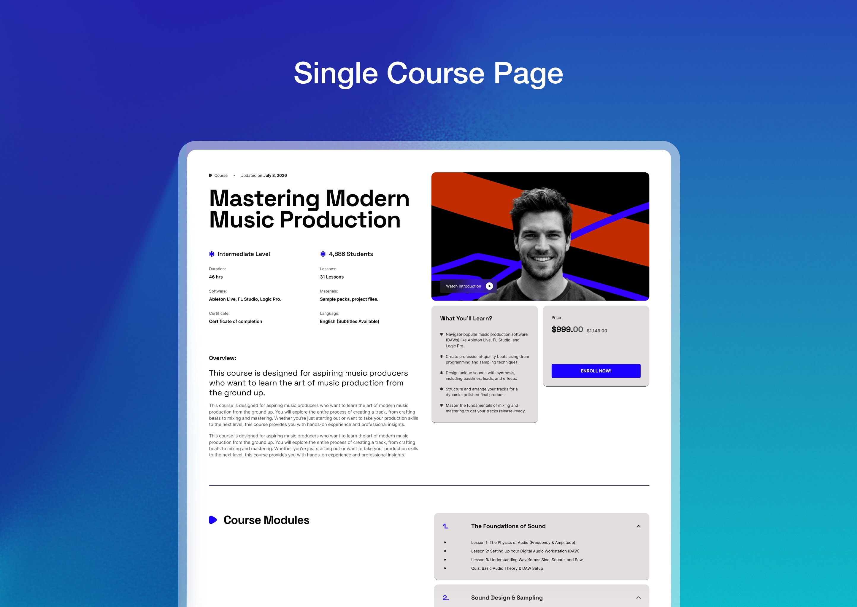 Single Course Page: Showcase course details with a modern and learner-focused design.