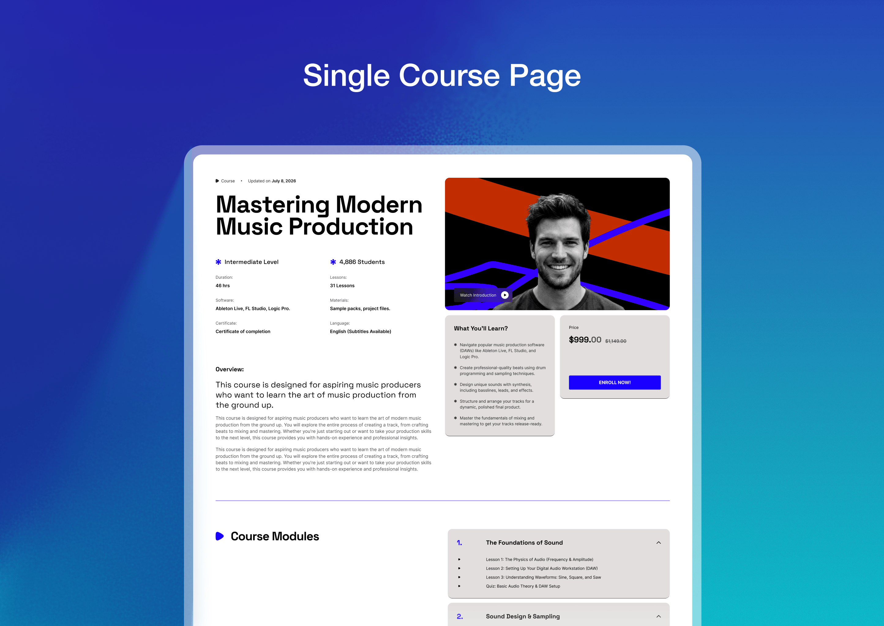 Single Course Page: Showcase course details with a modern and learner-focused design.
