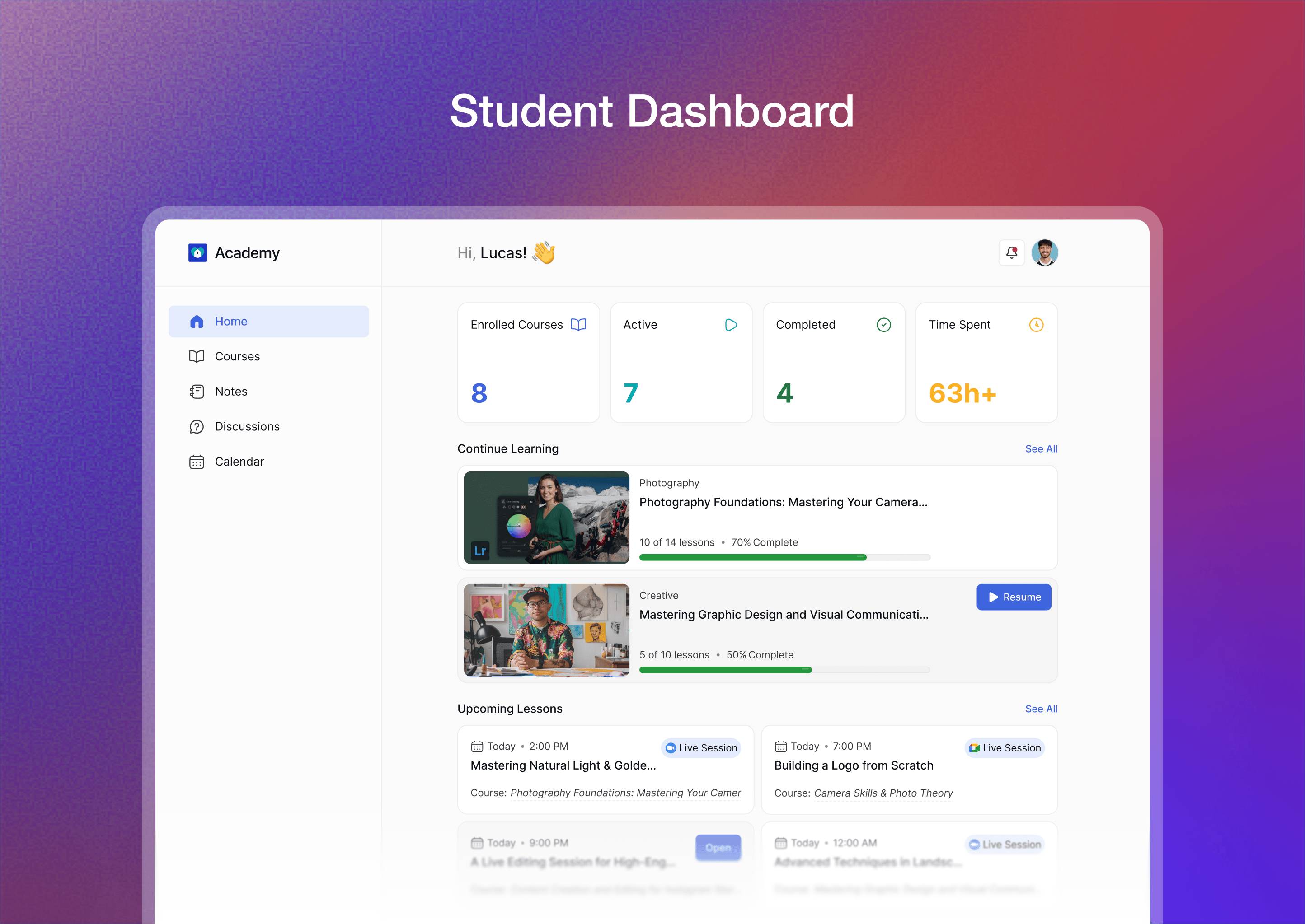 Student Dashboard: Central hub for courses, progress, achievements, and recent activities.