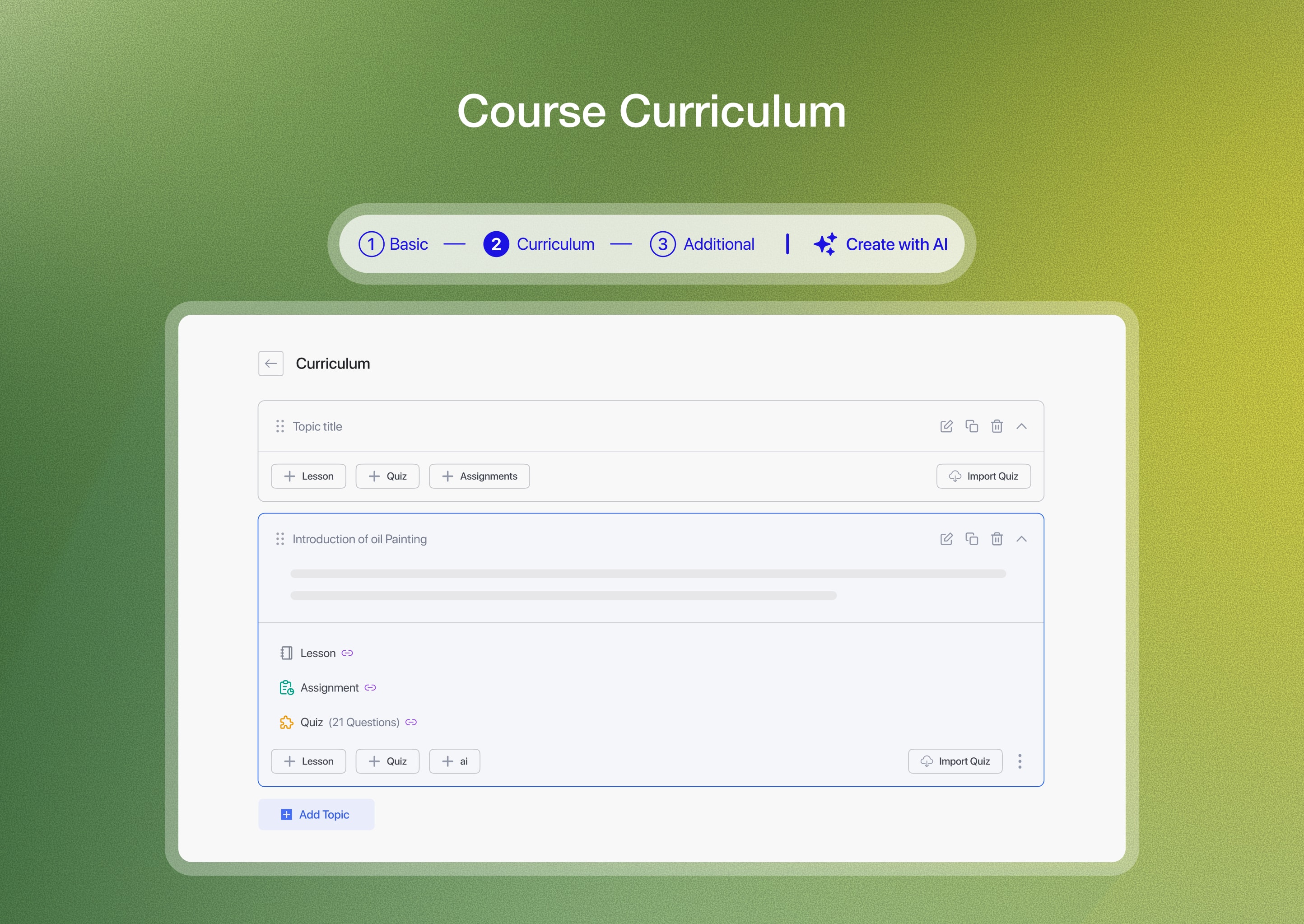 Course Curriculum: Structure lessons, topics, quizzes, and assignments with visual organization.